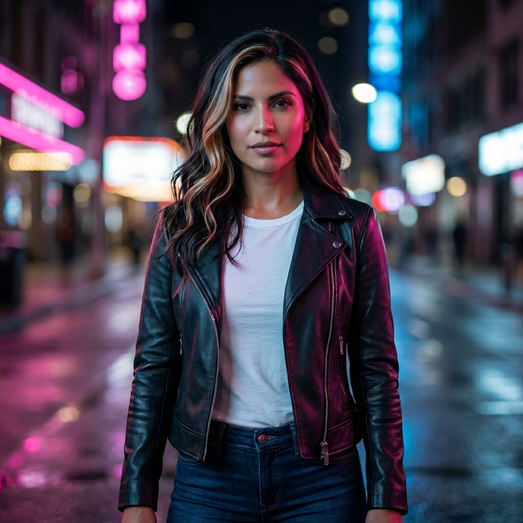 Chloe at night in the city